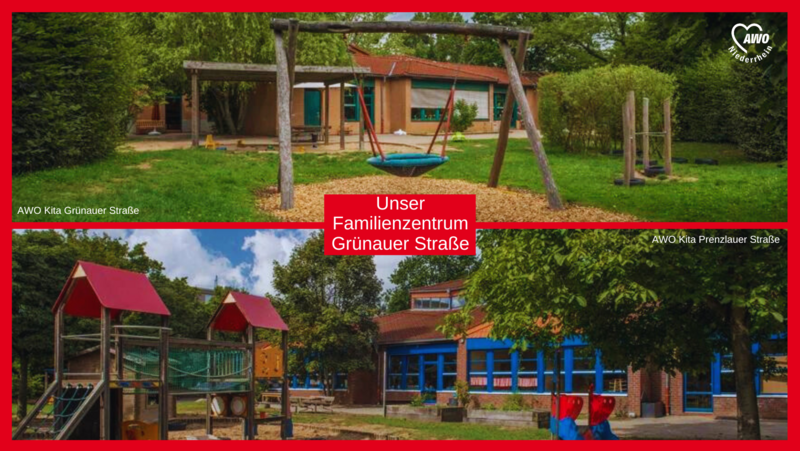 Das Foto zeigt zwei verschiedene Bereiche des AWO Familienzentrums Grünauer Straße. • Oben den Außenbereich der AWO Kita Grünerauer Straße: Ein Spielplatz mit Schaukeln und einer Rutsche, umgeben von Bäumen und Grünflächen. Dies deutet auf einen Außenbereich hin, der für Kinder zum Spielen gedacht ist. • Unten den Außenbereich der AWO Kita Prenzlauer Straße: Ein weiterer Spielbereich mit bunten Spielgeräten und einem Gebäude mit rotem Dach im Hintergrund. Dies lässt auf eine institutionelle Umgebung wie eine Schule oder eine Kindertagesstätte schließen. Beide Bereiche sind mit “Unser Familienzentrum Grünauer Straße” beschriftet, was darauf hinweist, dass diese Einrichtungen vom Familienzentrum für die Gemeinschaft bereitgestellt werden.