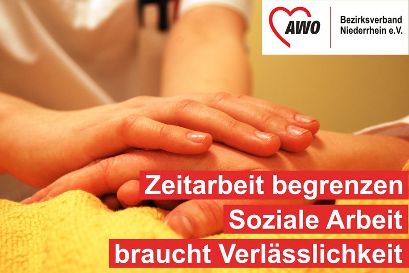 Das Bild zeigt beruhigende Hände und die Schrift "Zeitarbeit begrenzen. Soziale Arbeit braucht Verlässlichkeit"