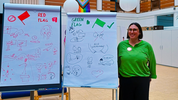 Zu sehen ist offenbar eine Veranstaltung der LiebesLotsen im Lore-Agnes-Haus: Eine Frau steht neben zwei großen Moderationswänden mit selbst gemalten Beispielen zu „Red Flag“ und „Green Flag“ in Beziehungen. Im Hintergrund hängen Papierlampions und eine Pride-Flagge mit zusätzlichem Symbol. Die dargestellten Zeichnungen und Begriffe beziehen sich auf Themen wie Liebe, Beziehung, Grenzen, Zustimmung und Warnsignale.