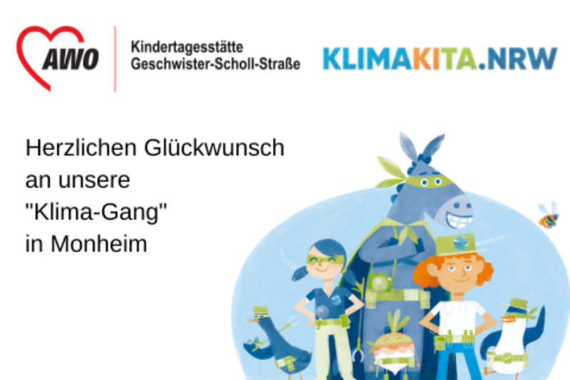 Das Foto zeigt das Logo KlimaKita.NRW und ein Bild der "Klima-Gang"