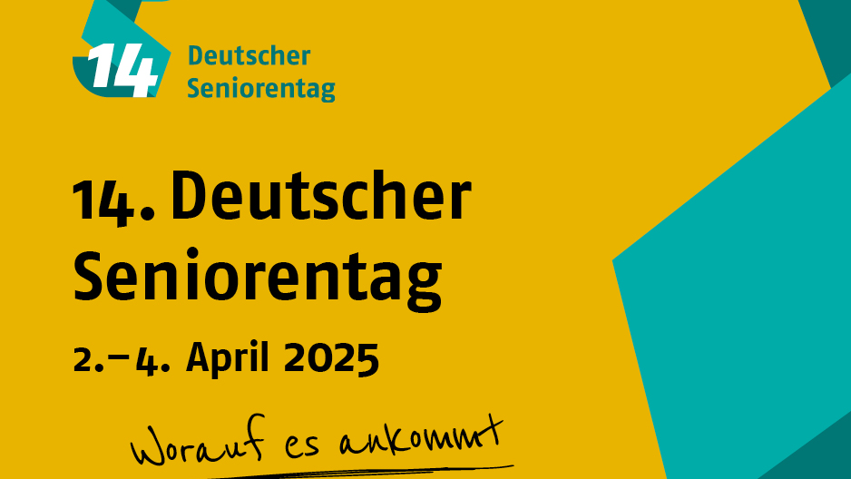 Das Bild ist ein Banner für den 14. Deutschen Seniorentag, der vom 2. bis 4. April 2025 im Congress Center Rosengarten in Mannheim stattfindet. Der Slogan "Worauf es ankommt" ist handschriftlich unterstrichen. Die Farben des Designs sind hauptsächlich Gelb, Türkis und Schwarz. Oben links befindet sich das Logo mit der Zahl "14" und der Aufschrift "Deutscher Seniorentag".