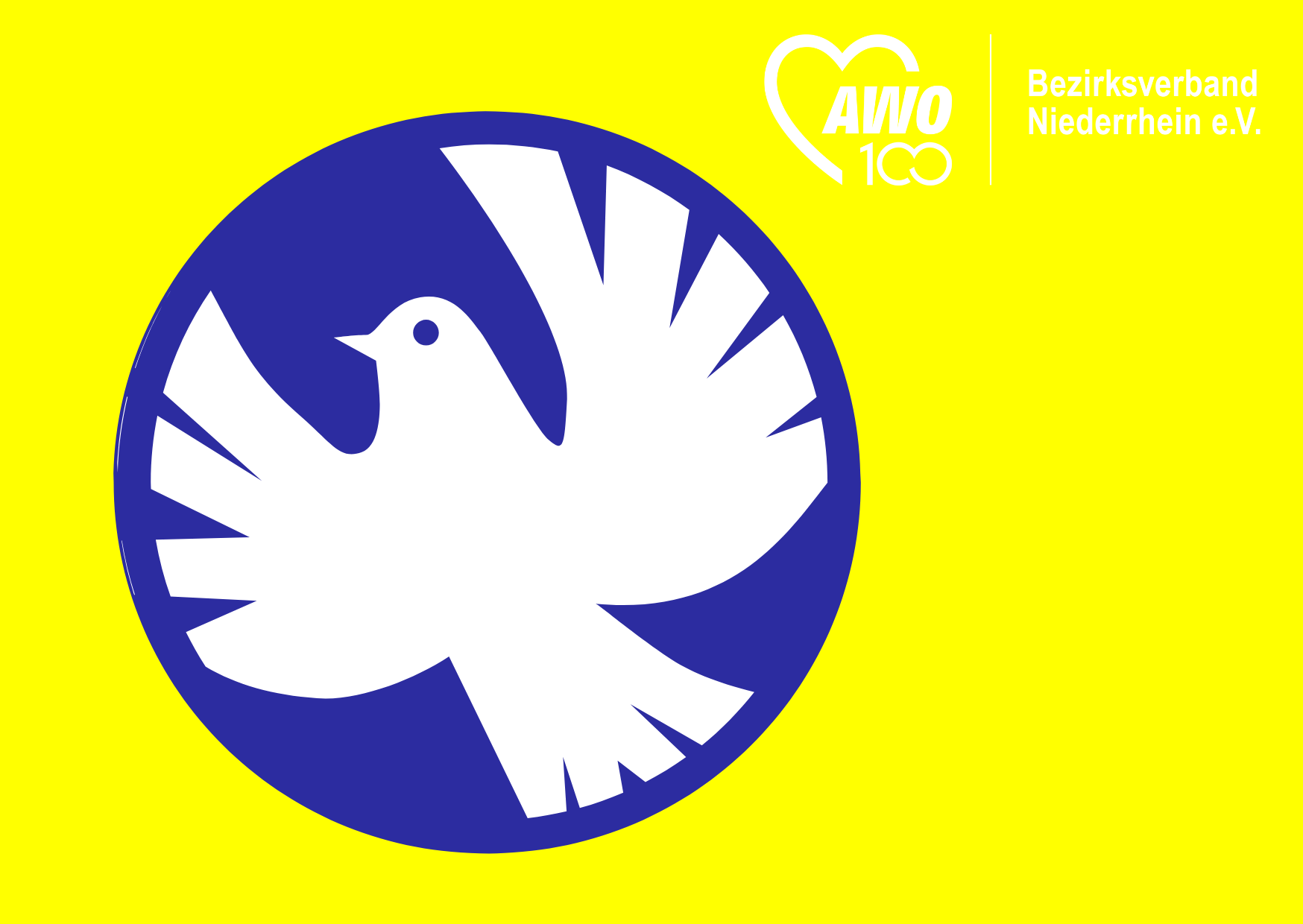Das Bild zeigt eine Friedenstaube auf blau-gelben Untergrund und das Logo des AWO Bezirksverbands Niederrhein