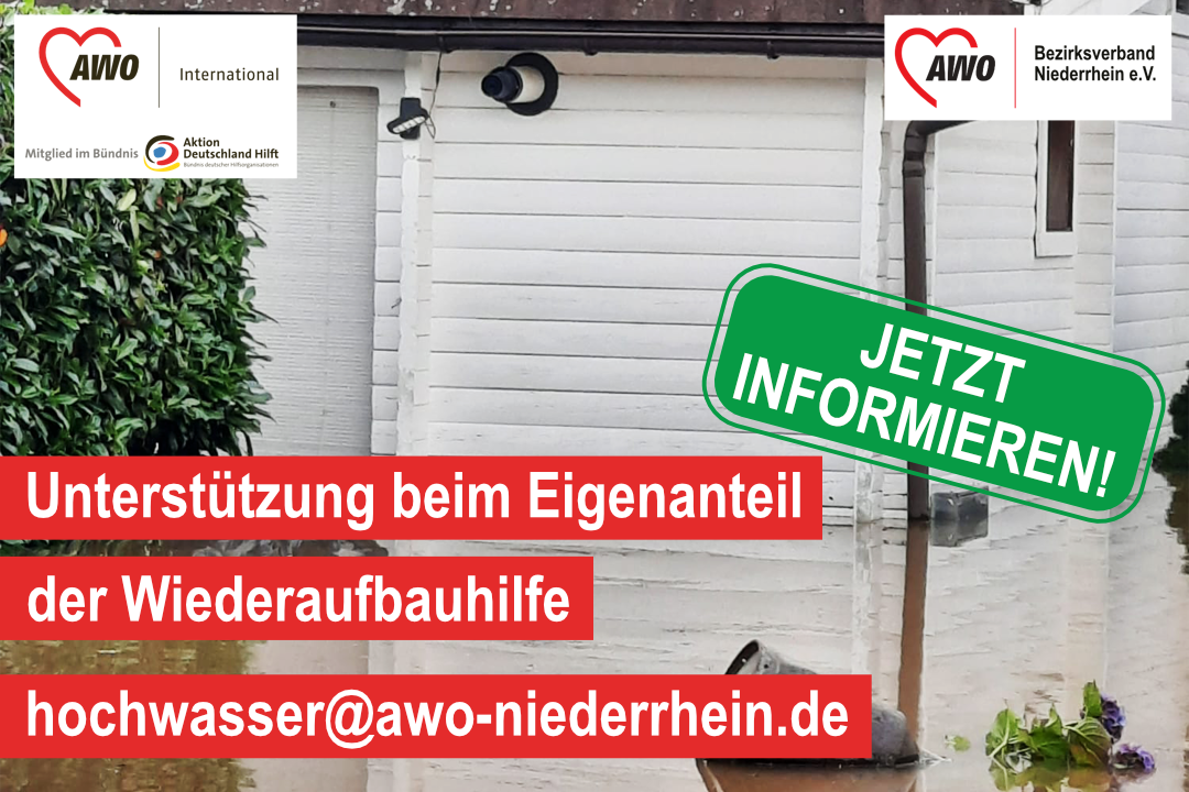 Das Foto zeigt die Kontaktmöglichkeit für Hochwassergeschädigte: hochwasser@awo-niederrhein.de