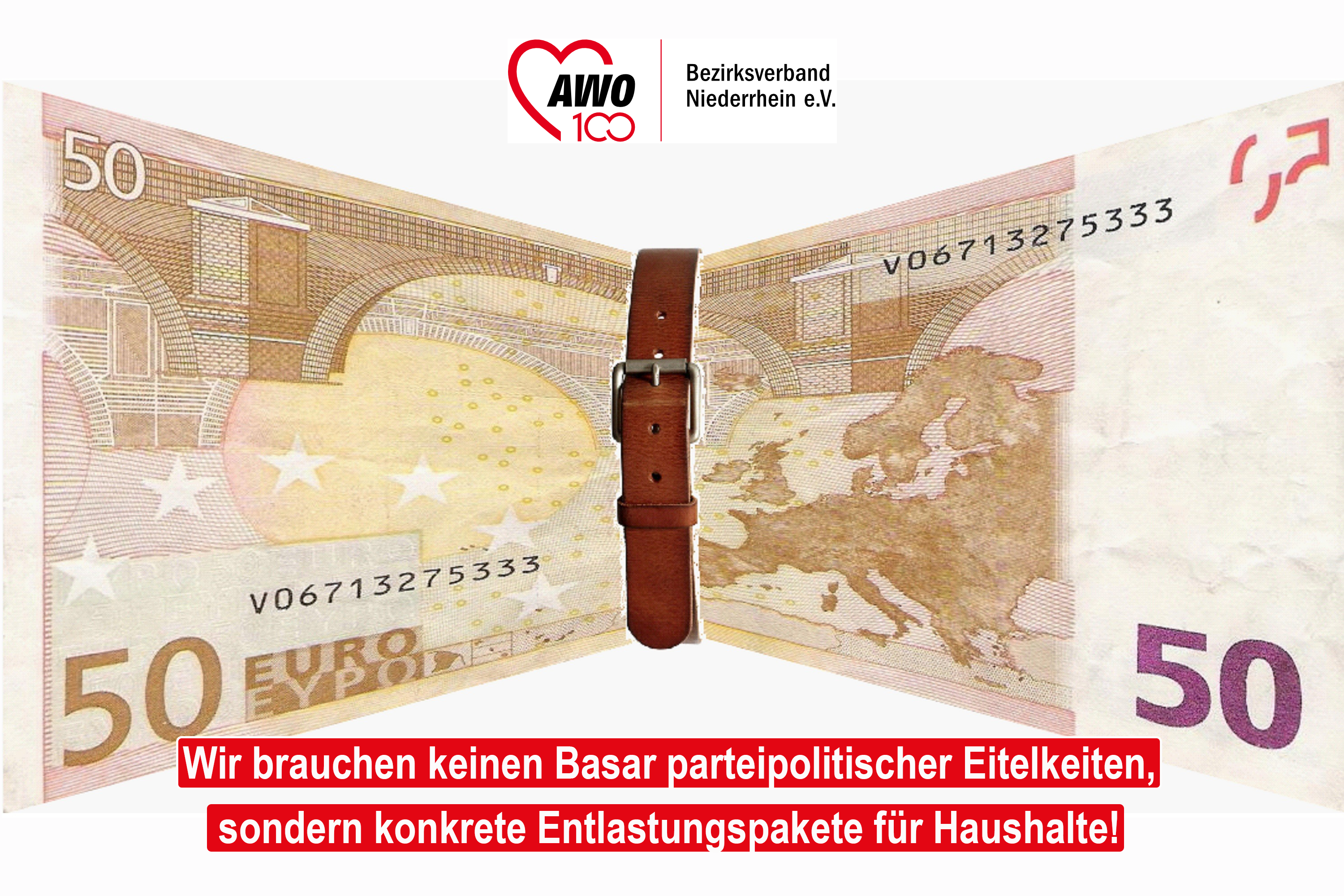 Das Foto zeigt einen 50 Euroschein und einen enger geschnallten Gürtel